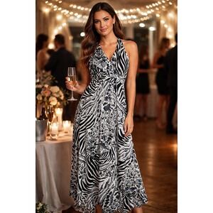 Grass Collection Zebra Halter Dress Silky Babydoll Assymmetric Boho Going Out